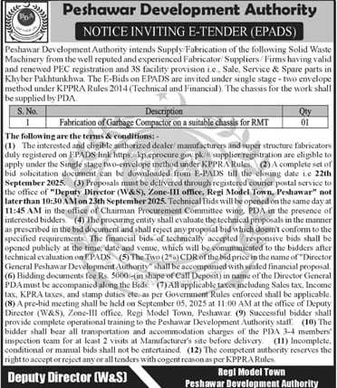 Peshawar Development Authority Tender Notice